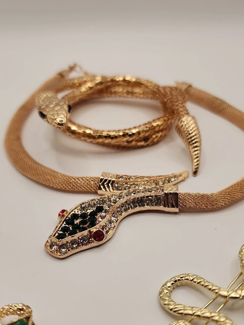 Halloween Gold Snake Jewelry Set - Gold Tone Necklace, Hair Pins and Earrings